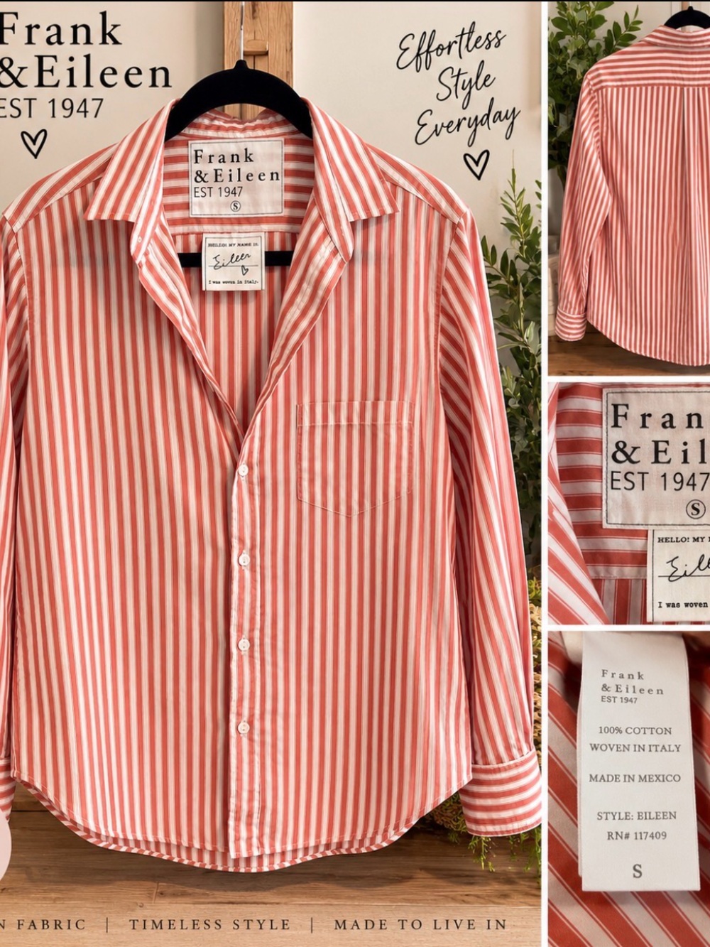 Frank & Eileen { Eileen} S Red White Stripe Italian Cotton Button Down P2P 21’